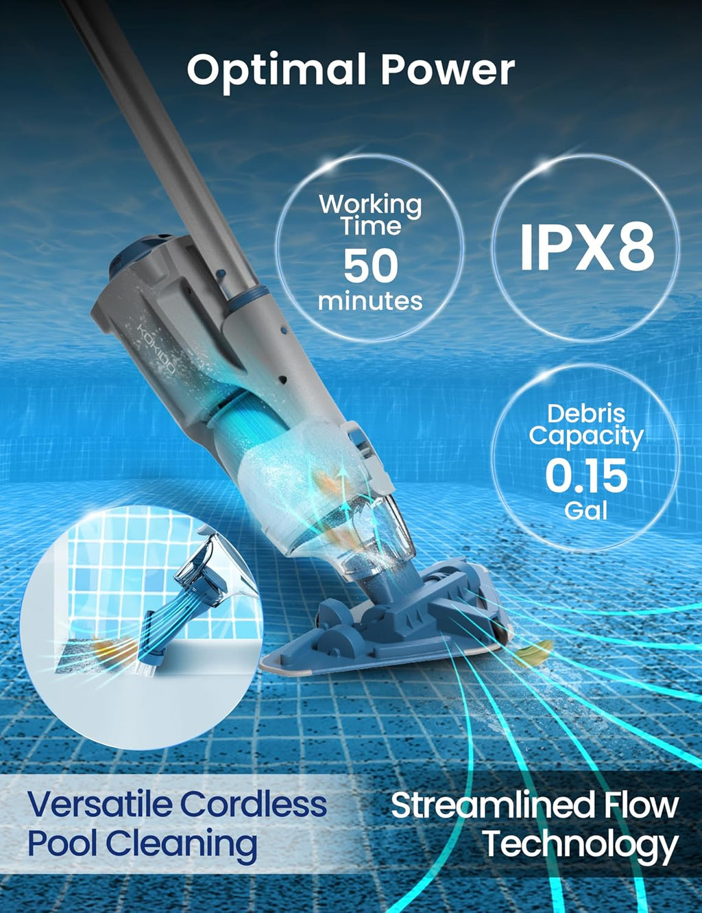 KOKIDO Rechargeable Cordless Pool Vacuum for Above Ground Pool and Pond Cleaner, 72' Aluminum Pole, Standard & Fine Filters, 2 Brush Vac Heads, Handheld Pool Cleaner Spot Clean Inground Pools XV320