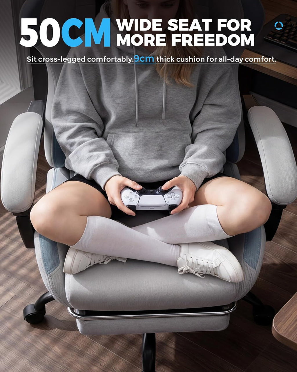 GTPLAYER Gaming Chair Fabric with Pocket Spring Cushion,Computer Office Chair with Lumbar Support for Adults Linkage Armrests and Footrest Ergonomic Gamings Chairs Height Adjustable LightGray