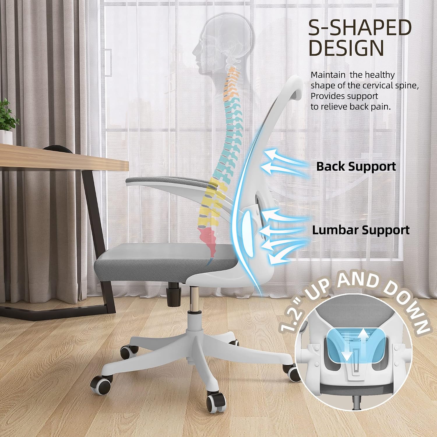 Monhey Ergonomic Office Chair, 90°-125° Tilt Back Home Desk Chair with 360° Swivel & Mute Wheels, High Back Mesh Computer Chair for Adults with Lumbar Support, 330 LBS Capacity (01White+Gray)