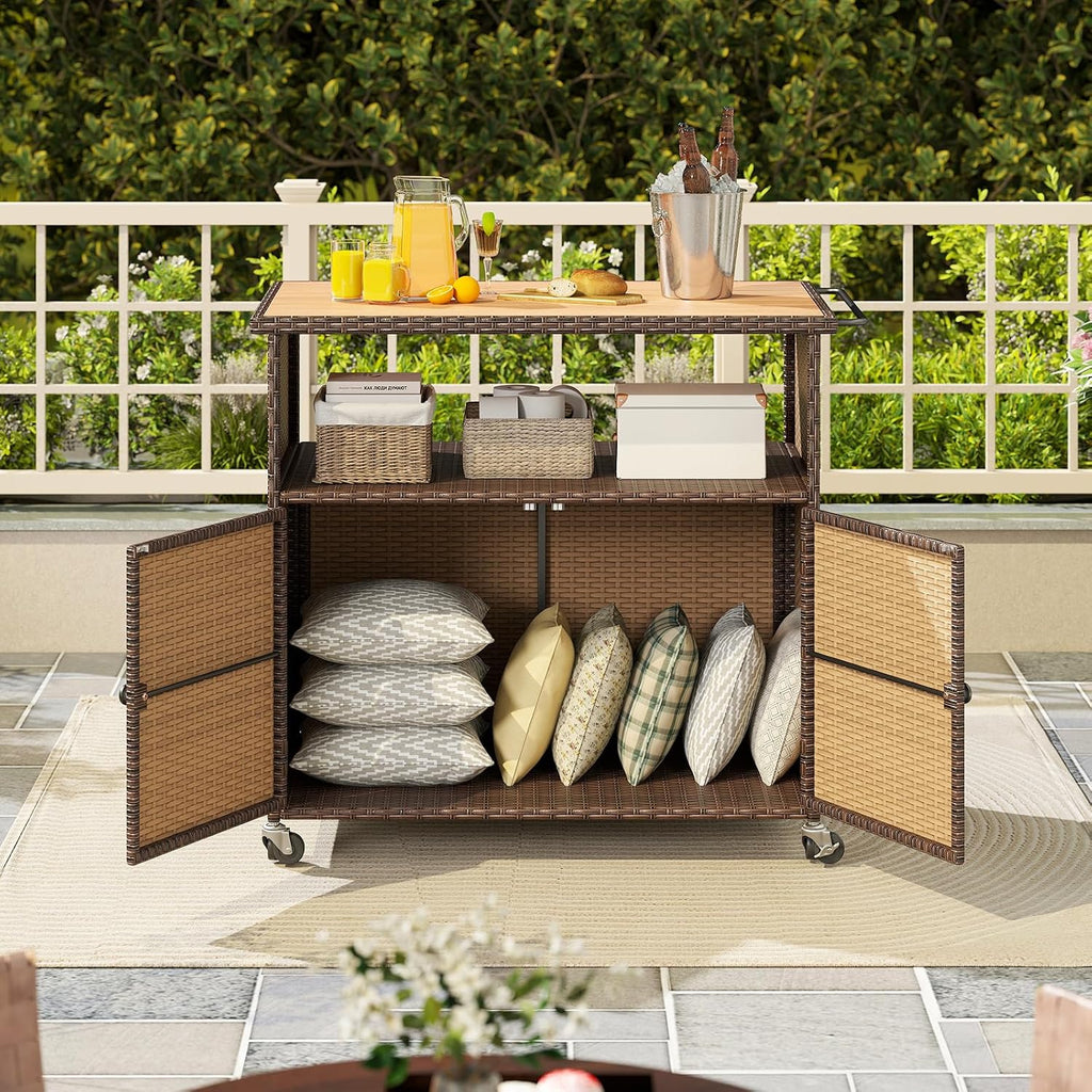 Tangkula Rattan Outdoor Storage Cabinet, Patiojoy PE Wicker Outdoor Cabinet with Acacia Wood Countertop, Open Compartment, Storage Shelf, Outdoor Bar with 4 Wheels for Garden Backyard Deck