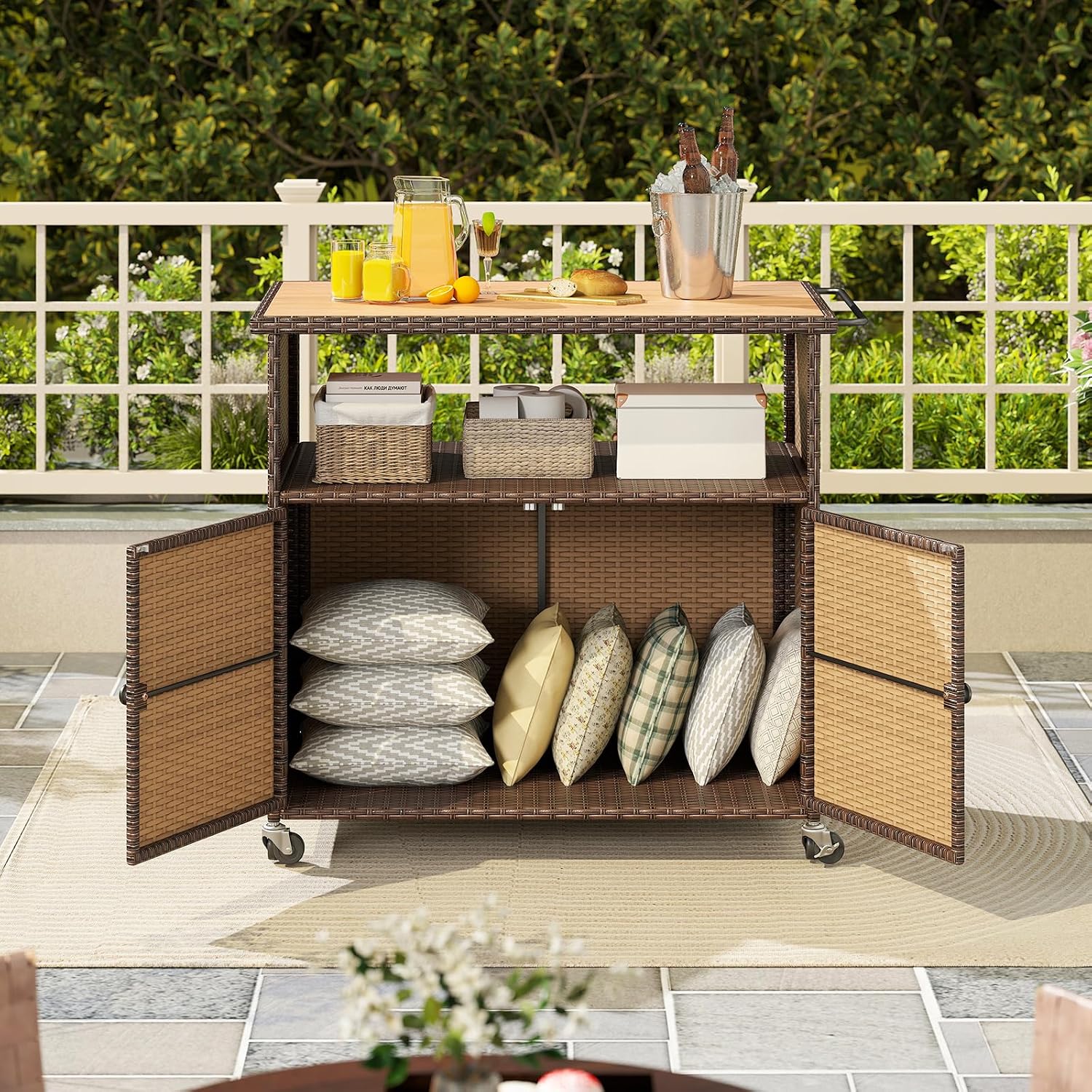 Tangkula Rattan Outdoor Storage Cabinet, Patiojoy PE Wicker Outdoor Cabinet with Acacia Wood Countertop, Open Compartment, Storage Shelf, Outdoor Bar with 4 Wheels for Garden Backyard Deck