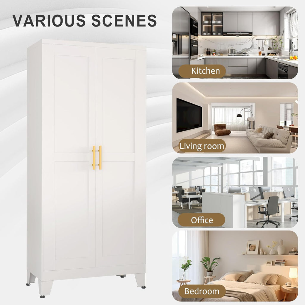 pozdeg Metal Storage Cabinet - 61' Tall Steel File Cabinets with 2 Doors and 3 Adjustable Shelves Versatile Storage Pantry Cabinet for Home Office Warehouse Garage or Outdoor (White)