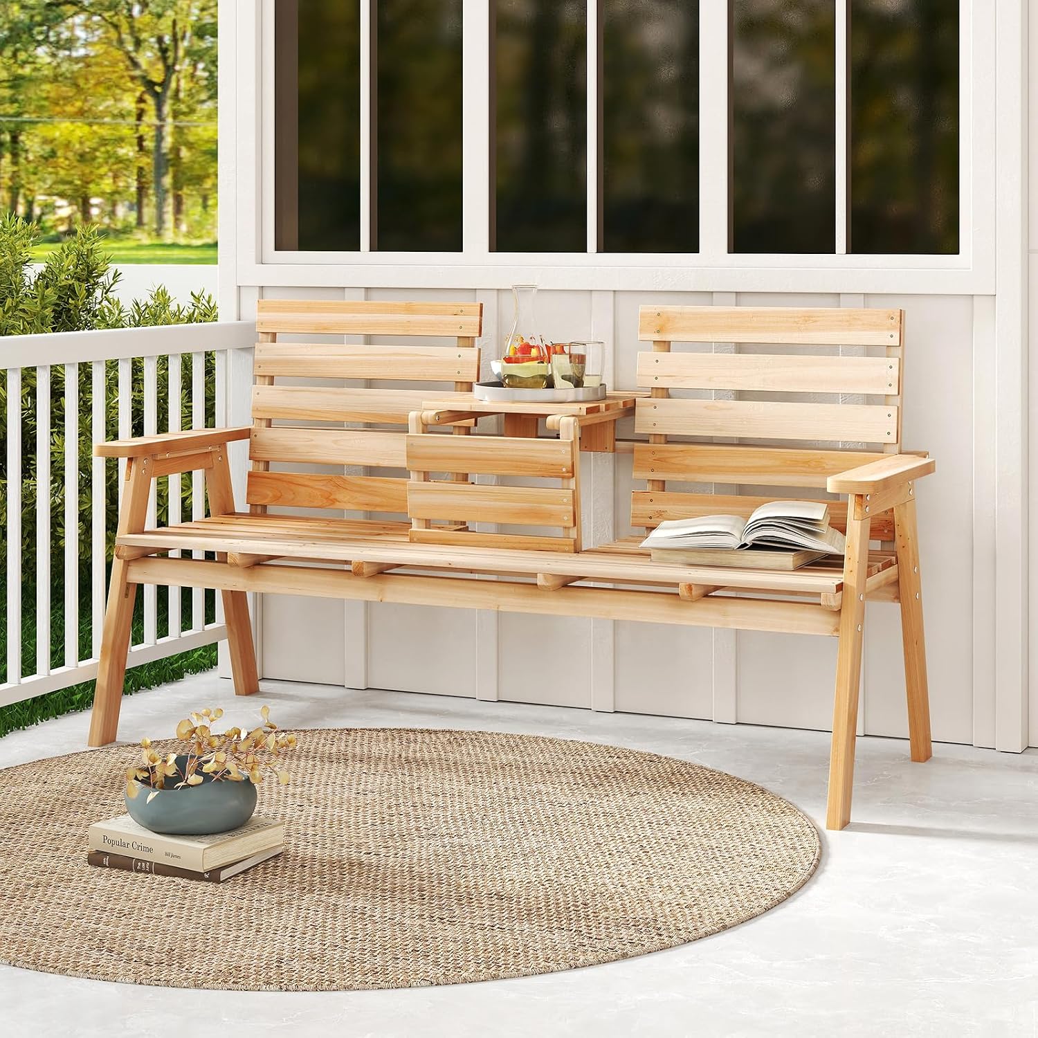 Tangkula Outdoor Fir Wood Bench with Foldable Middle Table, 2-3 Person Garden Bench with Backrest and Armrests, 710 lbs Weight Capacity, Slatted Seat Bench for Porch, Patio, Backyard