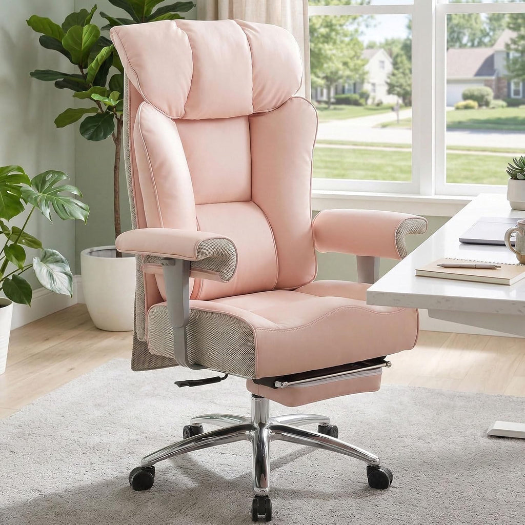 Efomao Big and Tall Office Chair for Women 400lbs - Heavy Duty Executive Desk Chair with Footrest & 23' Wide Seat - High Back Computer Chair for Heavy People, Home Office, Pink
