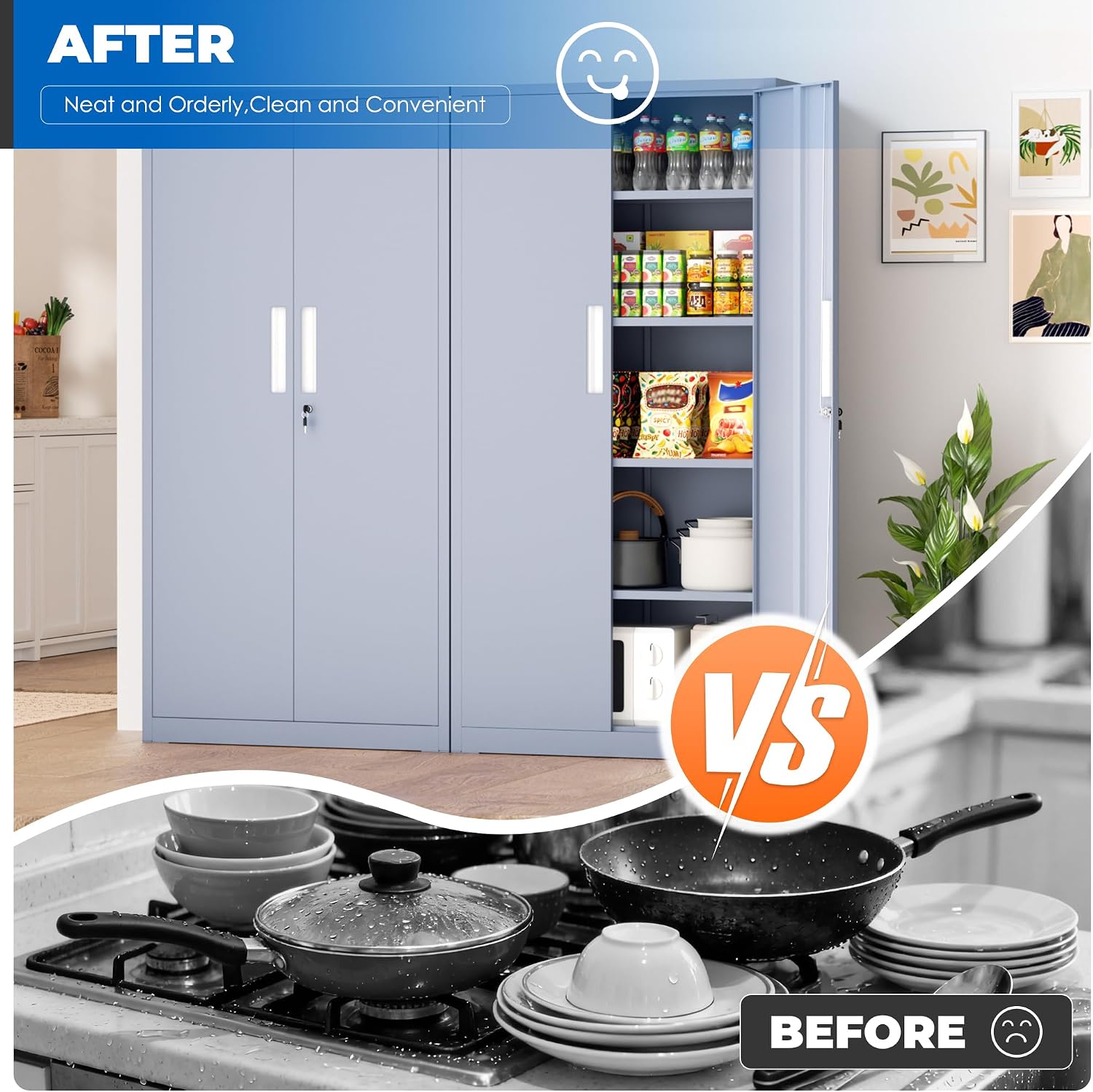 INTERGRAET 63' Pantry Cabinet, Kitchen Pantry Storage Cabinets with 2 Doors and 4 Shelves,Cement Gray Metal Storage Cabinet,Cupboard for Home,Kitchen,Living Room/Dining