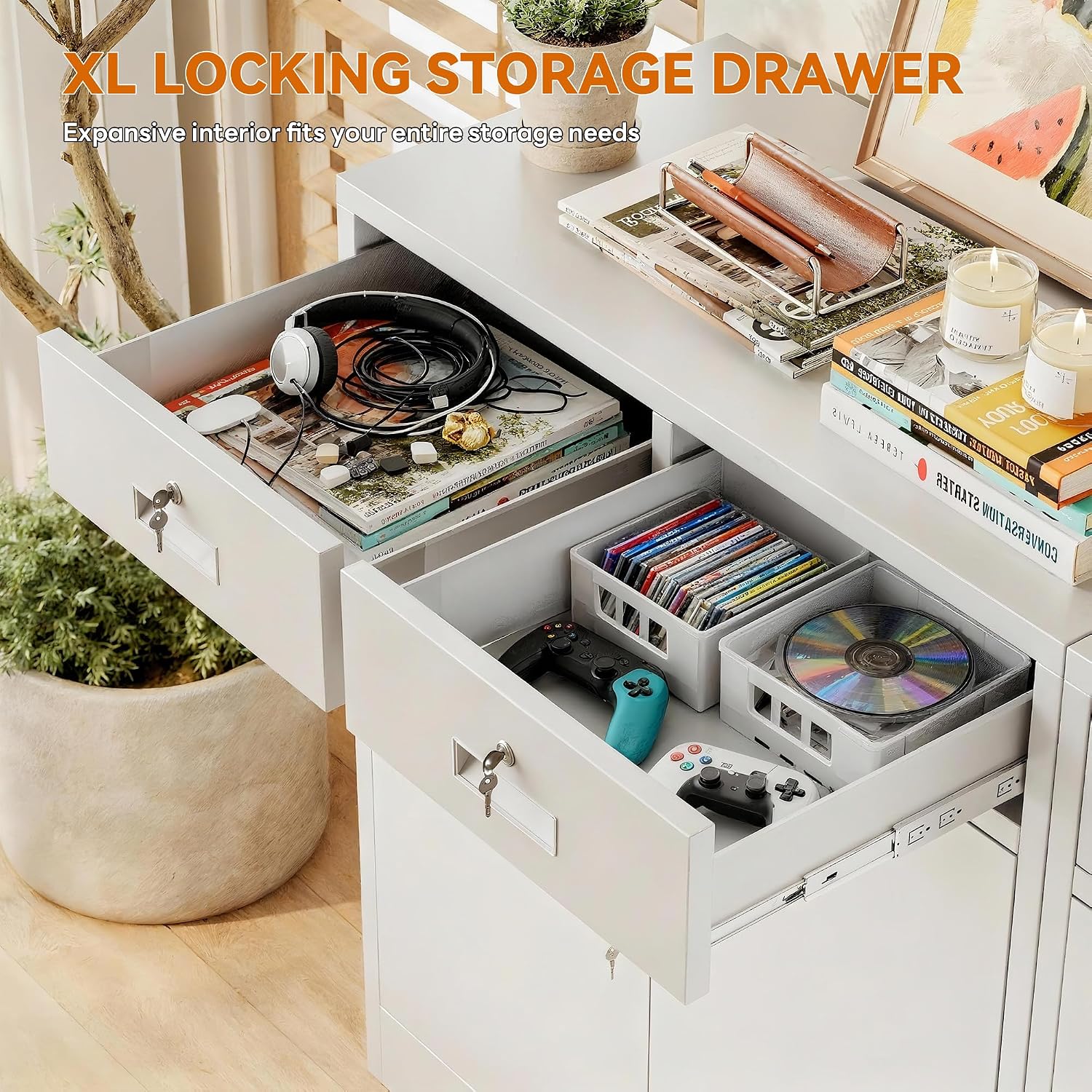 BESFUR Metal Garage Storage Cabinet with Two Lockable Drawers 2 Locking Doors and an Adjustable Shelf, 36' White Metal Short Storage Cabinet for Home Office, Garage,School,Utility Room