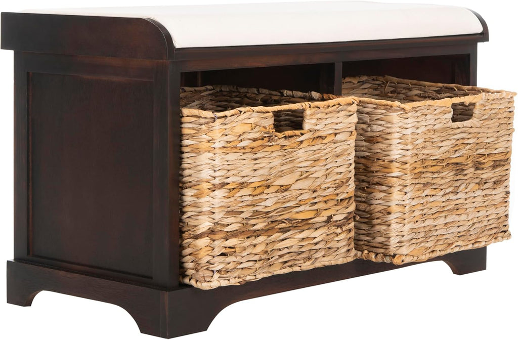 SAFAVIEH Home Collection – Freddy Brown Storage Bench with Wicker Baskets & Cushion, Entryway Seating Bench, Fully Assembled (AMH5736A)