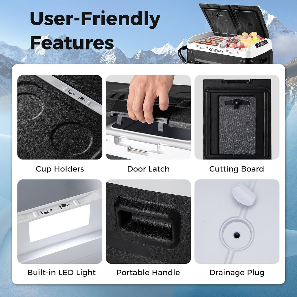 COSTWAY Car Refrigerator with Wheels, 53-Quart Dual-zone Dual-temperature Electric Cooler, 12V/24V DC, 100-240V AC, -4°F To 68°F, Portable Car Fridge Freezer for RV Camping, Black