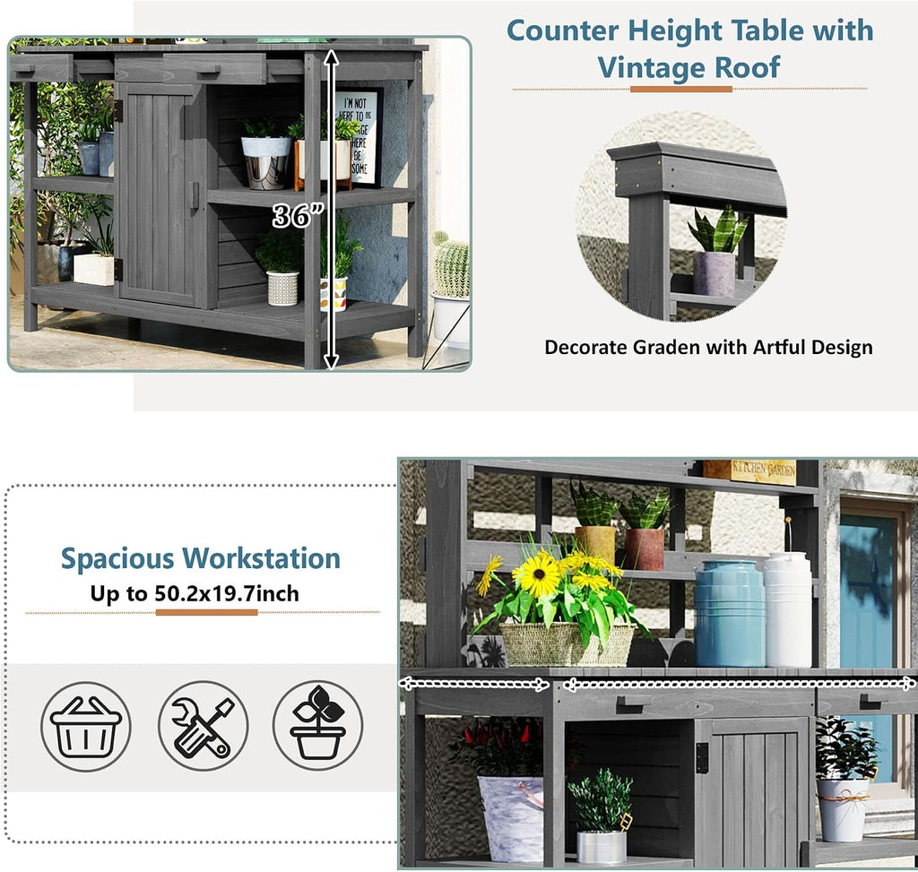 66' Large Outdoor Potting Table with 2 Drawers, Cabinet, Open Shelves, Wooden Potting Bench for Garden, Patio, Farmhouse, Backyard, Spacious Workstation (Grey, 66')
