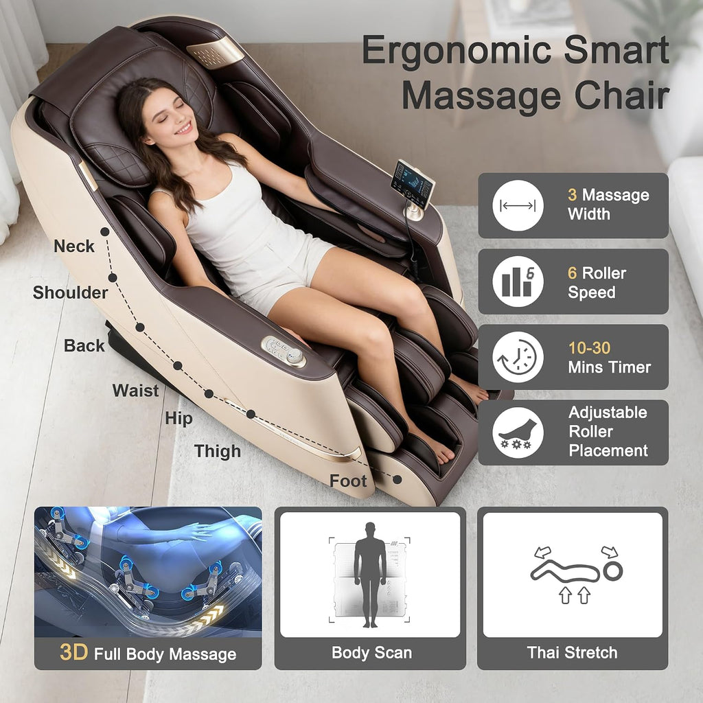 iBooMas Massage Chair, 2026 SL-Track Zero Gravity Shiatsu Massage Chairs Full Body and Recliner, 12+6 Modes, Body Scan, APP, Foot Rollers, Heat Therapy, Airbags, Bluetooth, Thai Stretch (Beige& Brown)