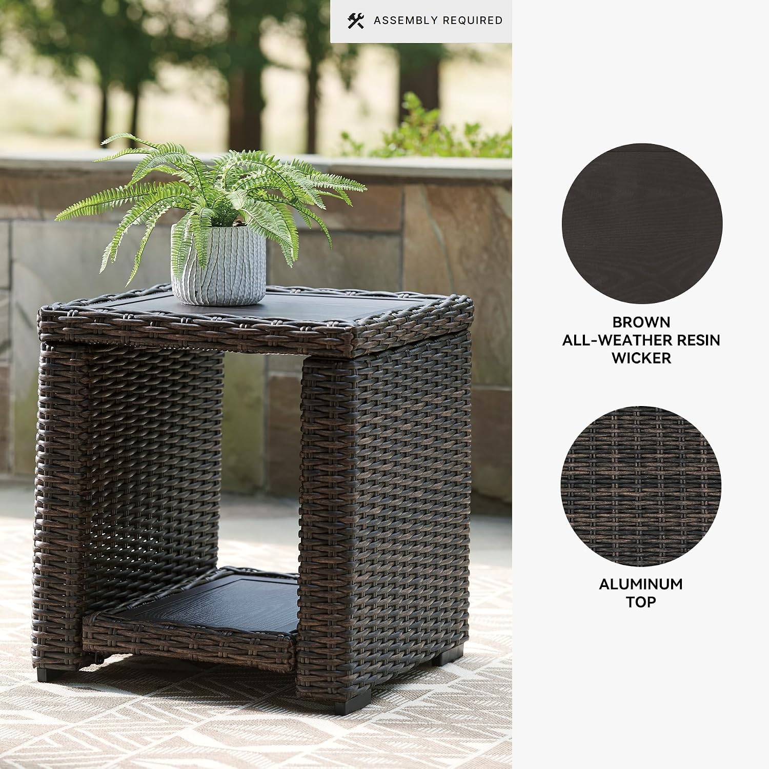 Signature Design by Ashley Grasson Lane Outdoor Rattan Square End Table with Storage, All-Weather Resin Wicker Handwoven Over Durable Aluminum Frame, Aluminum Tabletop and Shelf, 22.25' High, Brown