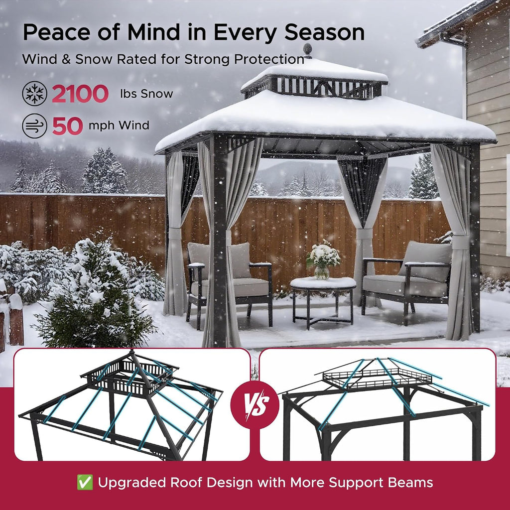 SUNJOY Kingston 10' x 10' Hardtop Gazebo with Galvanized Steel/Polycarbonate Double Roof, Curtain and Netting, Brown Aluminum Posts Permanent Pavilion Gazebo for Garden, Patio, Deck, Lawn