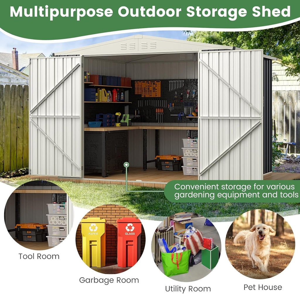 Goplus 7.5 x 6.3 FT Metal Storage Shed, All-Weather Galvanized Utility House w/Lockable Door, Easy Snap-On Sheds & Outdoor Storage for Garden, Back Yard, Lawn & Patio