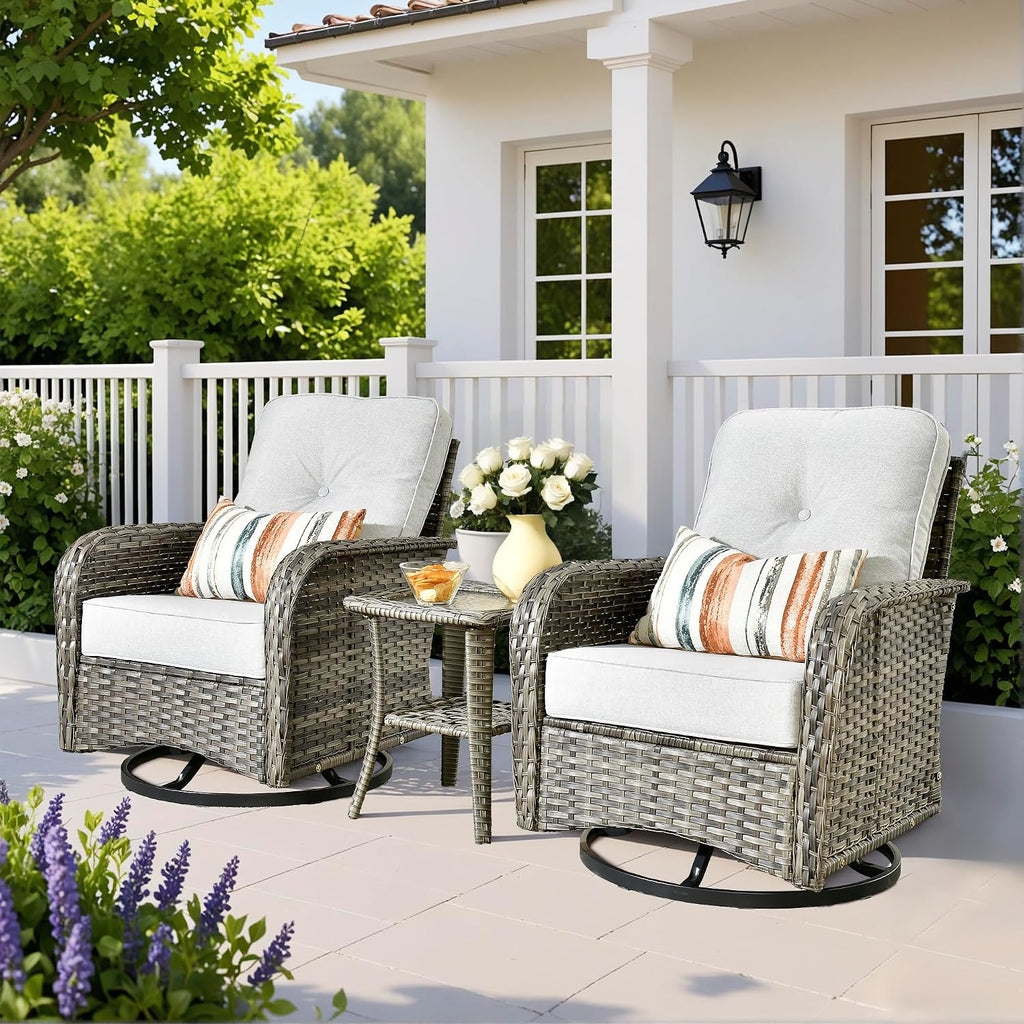 Wicker Rocking Chair Swivel Chairs - 3 Piece Rocker Glider Patio Chairs Set Rattan Rocking Chair for Outdoor Porch Deck Garden Backyard,Grey