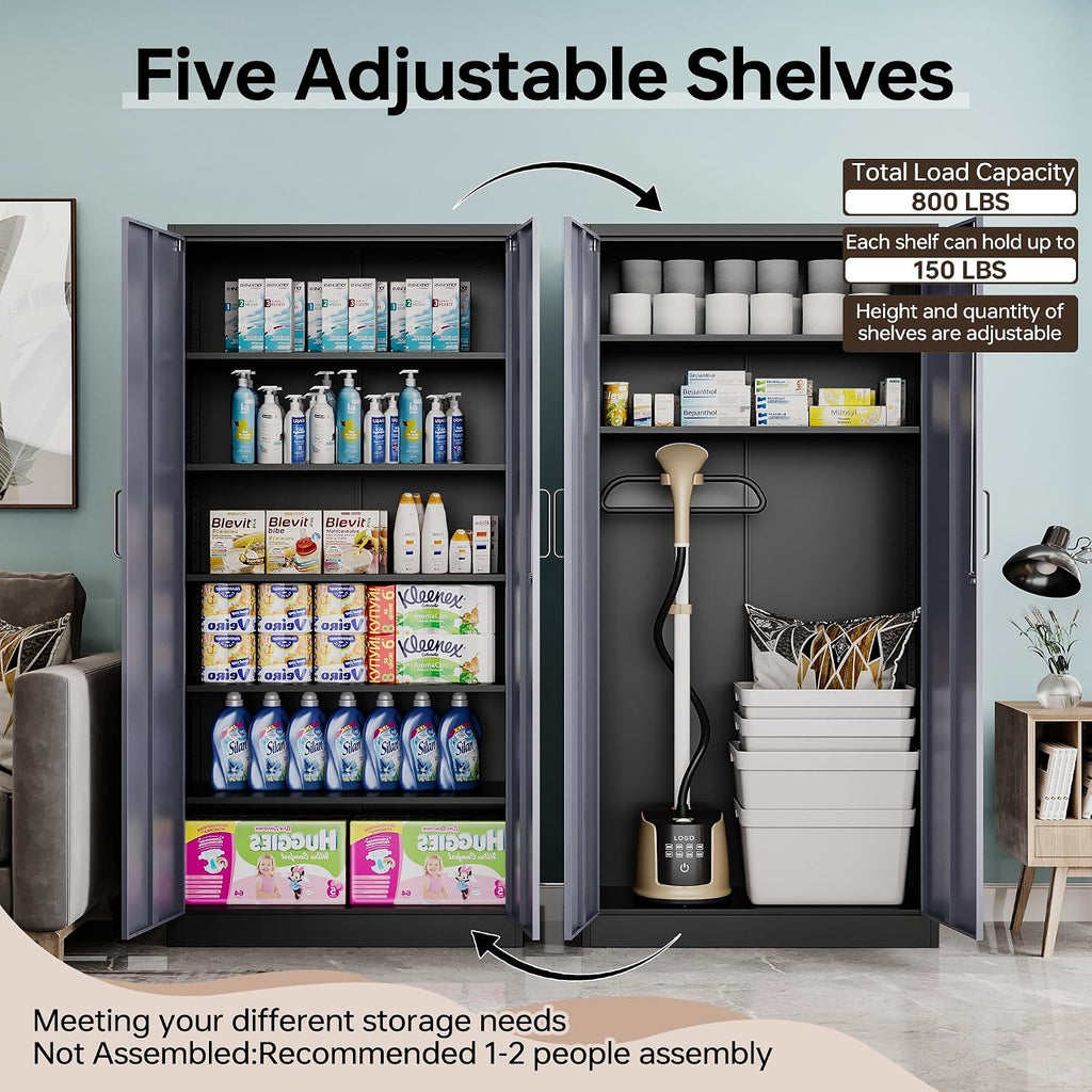Metal Garage Cabinets, 72' Tall Locking Storage Cabinets with 2 Doors and 5 Adjustable Shelves, Steel Utility Tool Cabinet, Lockable Outdoor Storage Cabinet for Pantry, Garage, Home Office