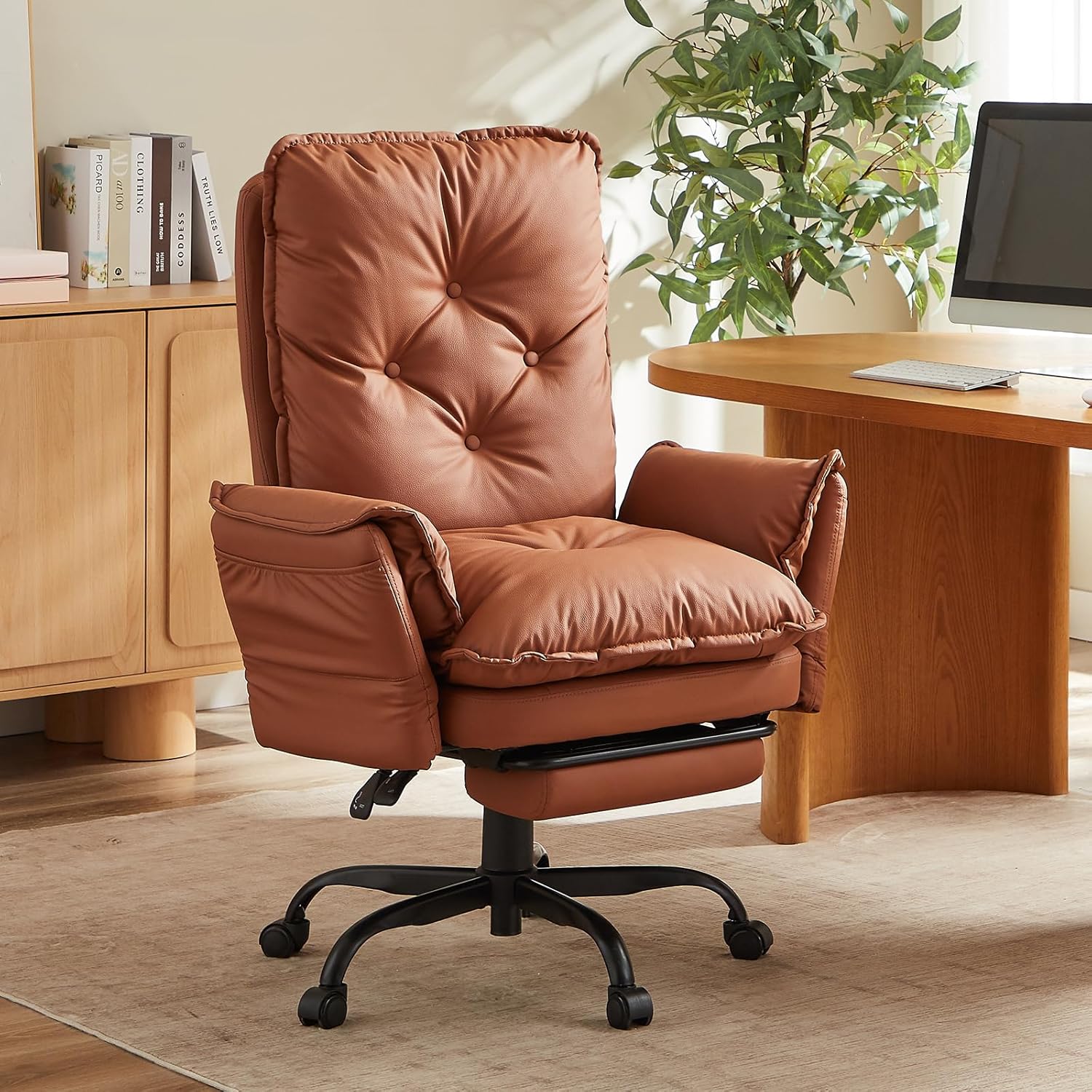 Bestier Cross Legged Office Chair with Footrest, High Back Criss Cross Chair with Reversible Armrests and Wheels, Big and Tall Reclining Office Chair for Home PU Leather Brown