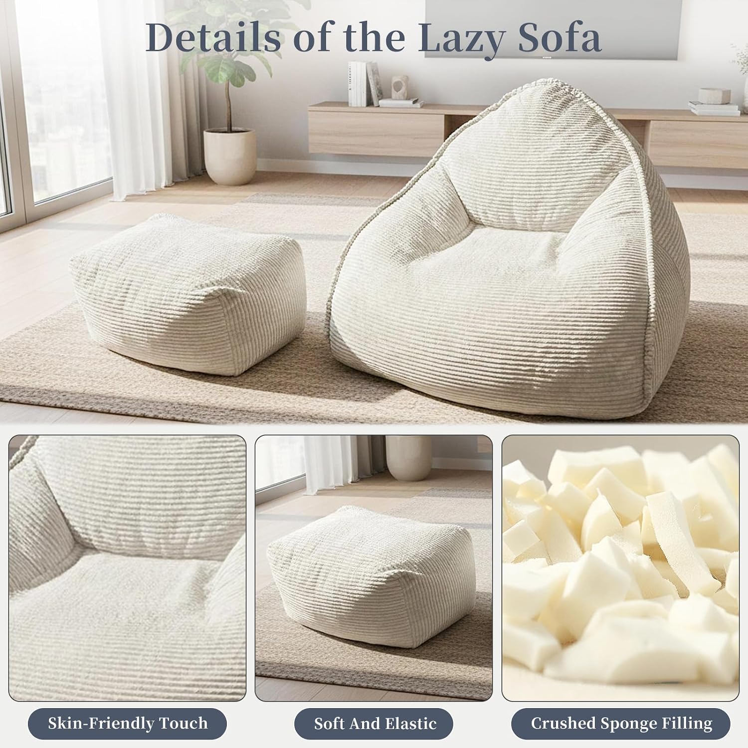 Ultra Soft Bean Bag Chair for Adults with Ottoman, Oversized Floor Sofa for Living Room, Gaming, Lounging, Napping (Off-White)