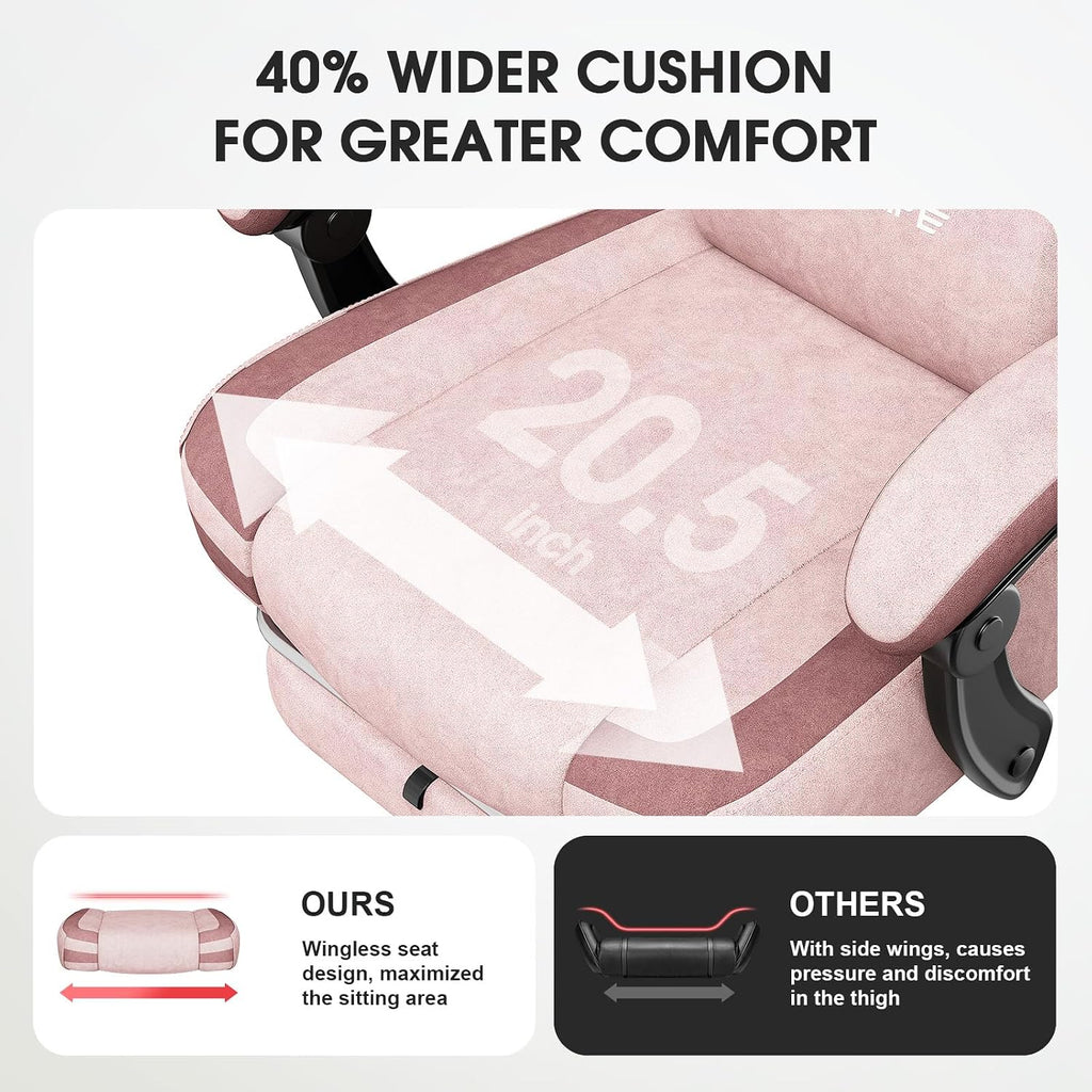 Gaming Chair, Fabric Computer Office Chair with Massage, Ergonomic Chair with Footrest Lumbar Support, Pocket Spring Widened Cushion Metal Legs 350LBS Pink