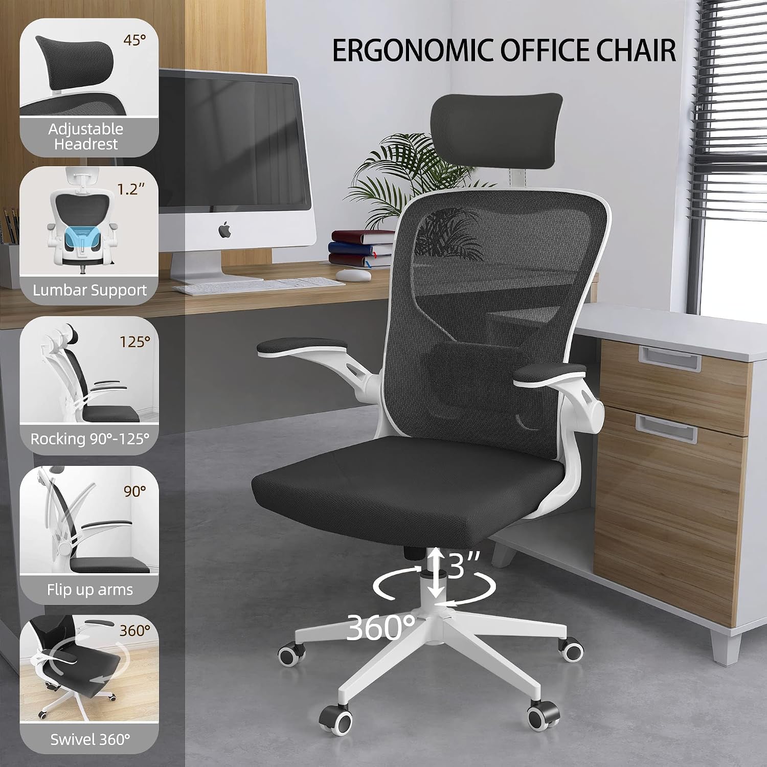Monhey Ergonomic Office Chair, 90°-125° Tilt Back Home Desk Chair with 360° Swivel & Mute Wheels, High Back Mesh Computer Chair for Adults with Lumbar Support, 330 LBS Capacity (03White+Black)
