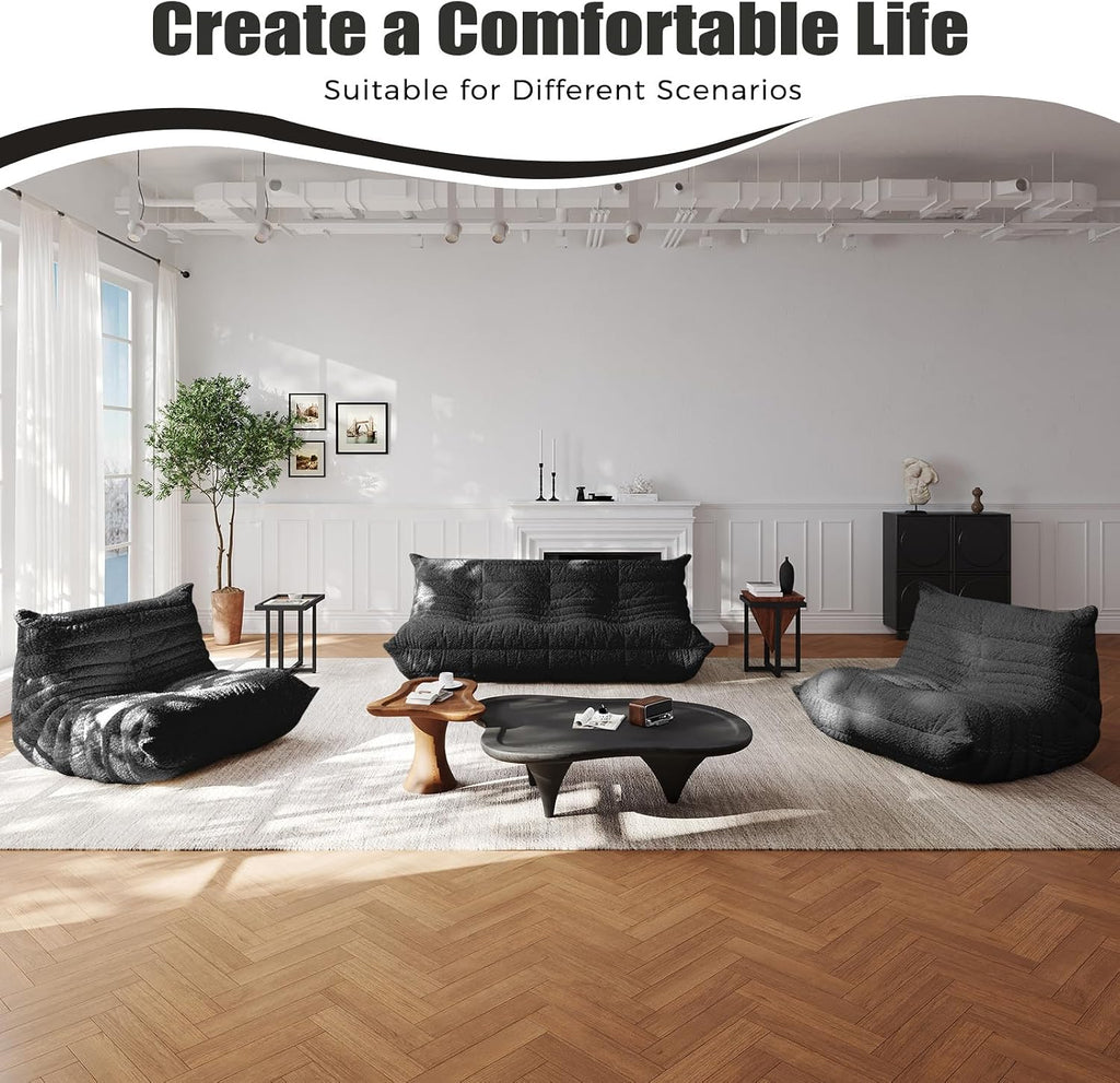 3 Seat Oversized Bean Bag Chairs for Adults, Memory Foam Fireside Beanbag Couch, Comfy Bean Bag Lounger Lazy Sofa for Living Room, Bedroom, Playroom, Black