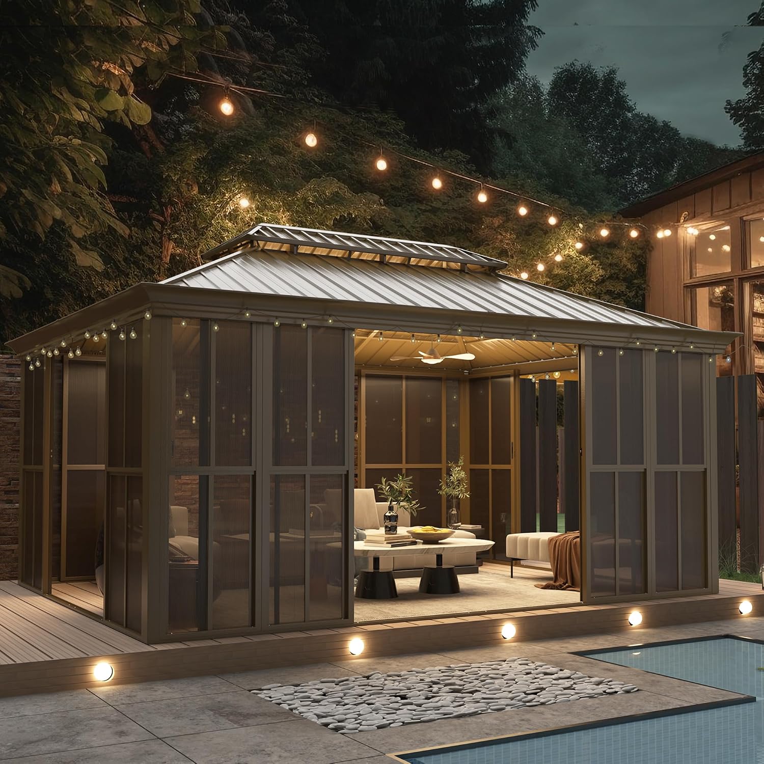 EROMMY 12' X 16' Hardtop Sunroom, Galvanized Steel Double Roof Gazebo Solarium with Detachable Windows & Lockable Doors, All-Weather Sun Room for Patio Deck Backyard