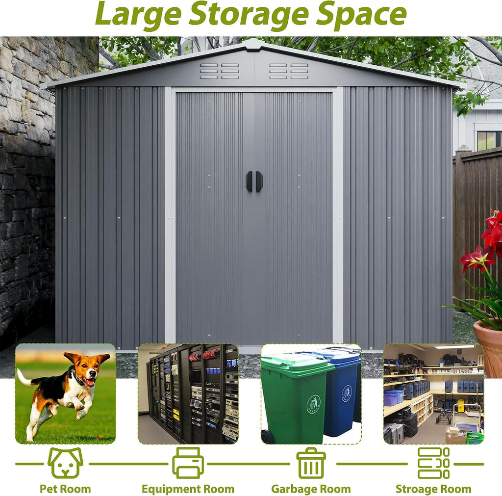 10x8 ft Outdoor Storage shed All Weather Metal Garden shed with Lockable Double Doors Tool Storage for Backyard Patio Lawn and Garden Organization Large Capacity (8x6 ft with Floor Frame)