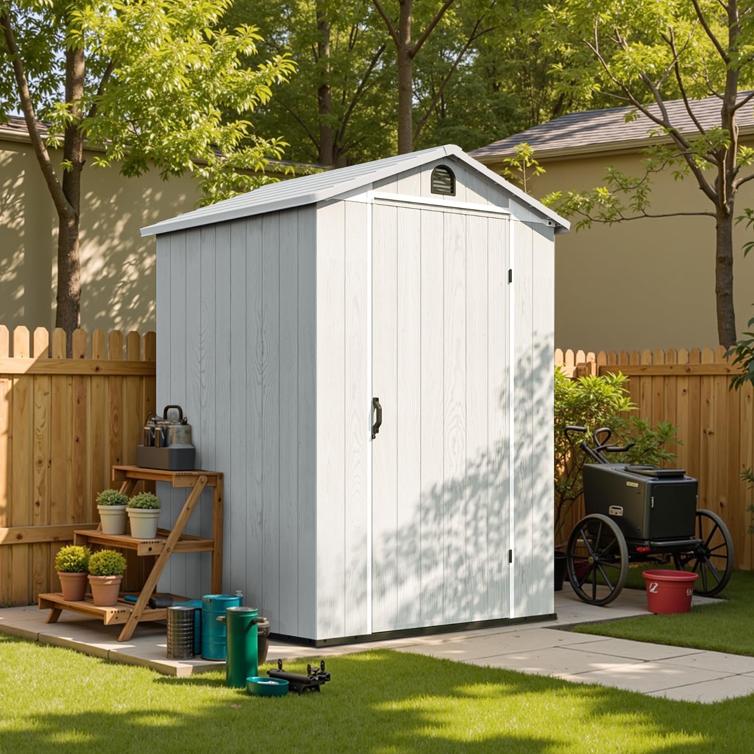 Patiowell 4 x 4 FT Plastic Outdoor Storage Shed with Floor, Garden Tool Shed with Two Windows and Single Lockable Door for Garden, Backyard, Lawn, Easy to Install, Light Grey
