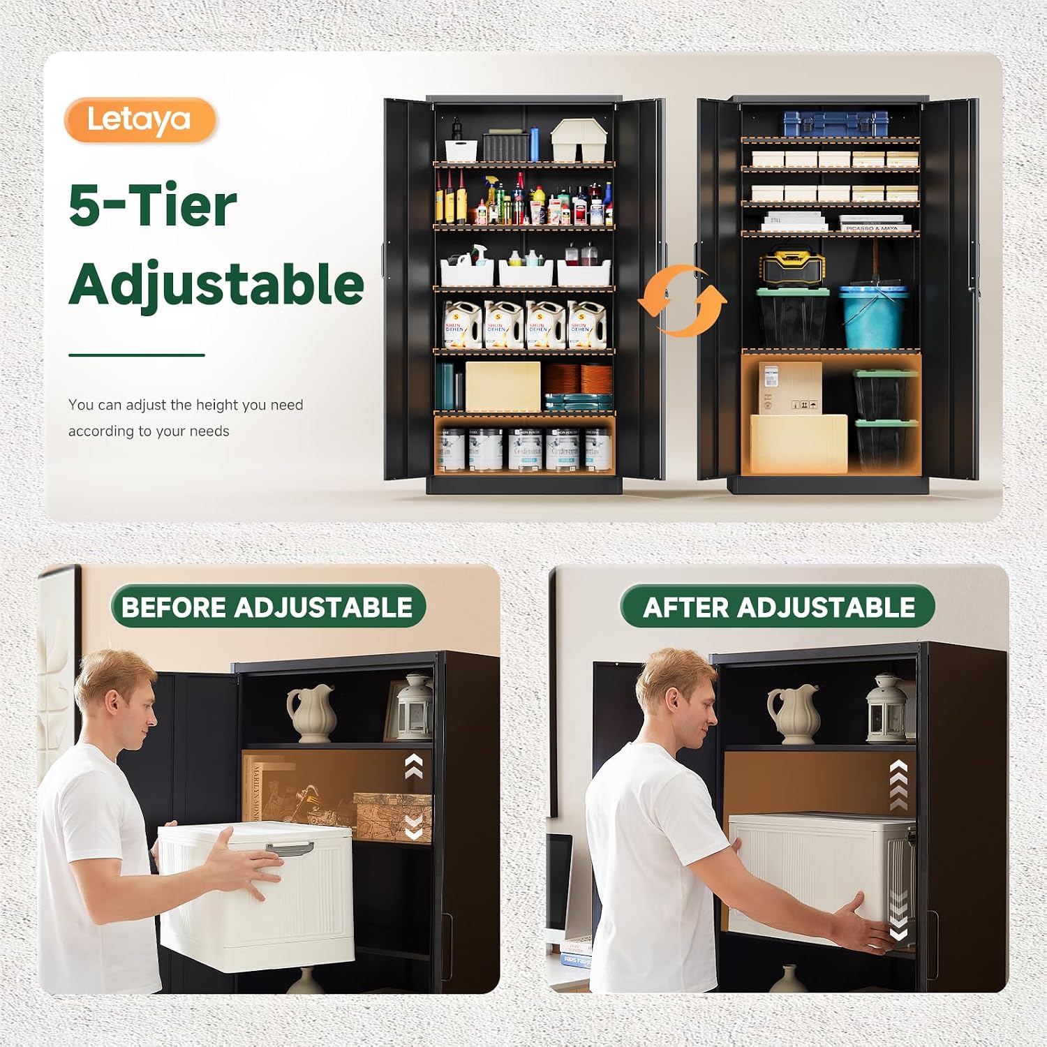 Letaya Metal Garage Storage Cabinets with Lock-72 Tall Tool Organizer Steel Lockers, 5 Adjustable Layers Shelves for Home,Office,Warehouse,Garage,(Black-72') | with Lock, 72 Tall, Tool Organizer