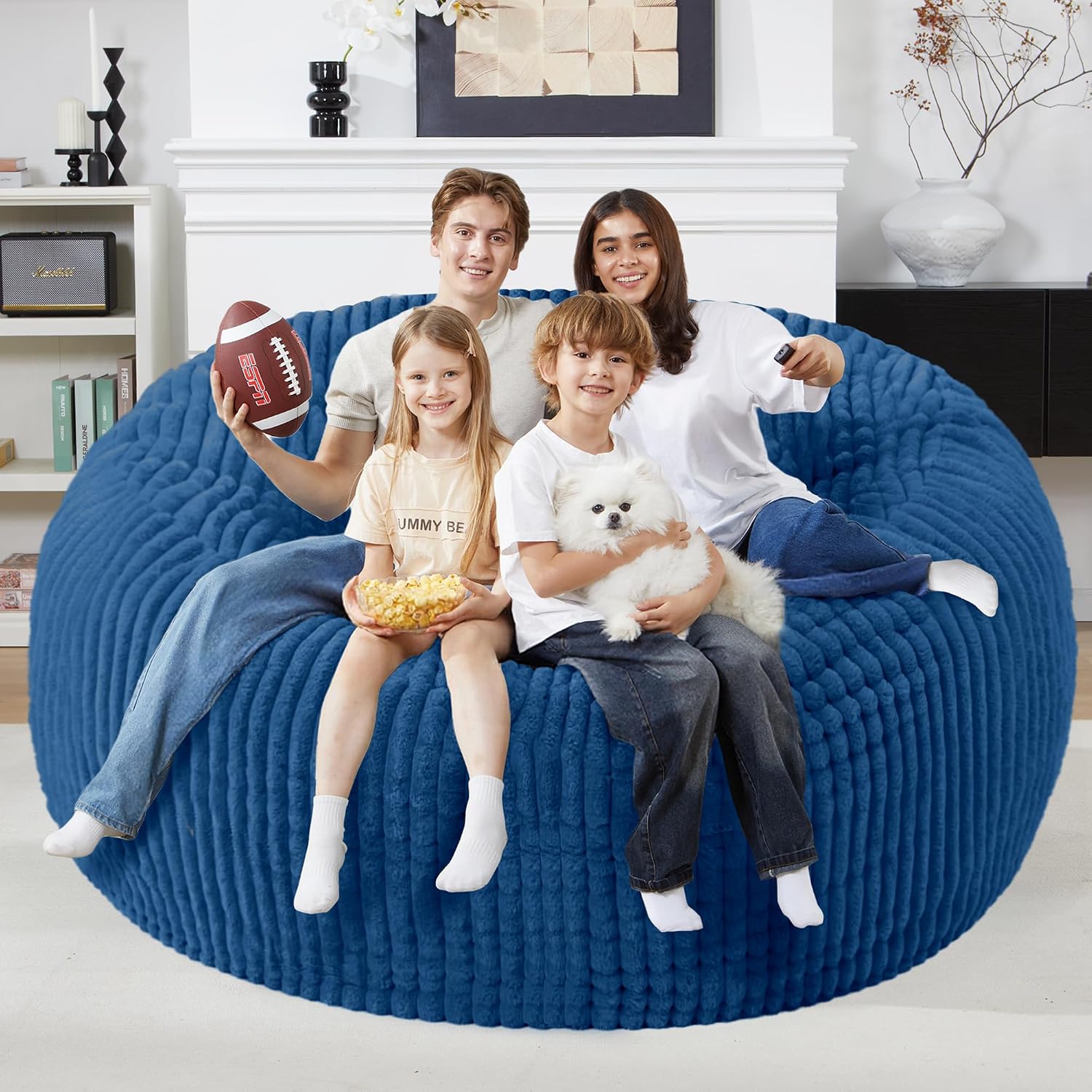 Homguava 6 FT Bean Bag Chair,6' Big Bean Bag,Giant Bean Bag Chairs for Adults with Memory Foam Filled,Comfy Large Beanbag Chairs Soft Bean Bag Sofa with Dutch Corded Plush Cover-Blue