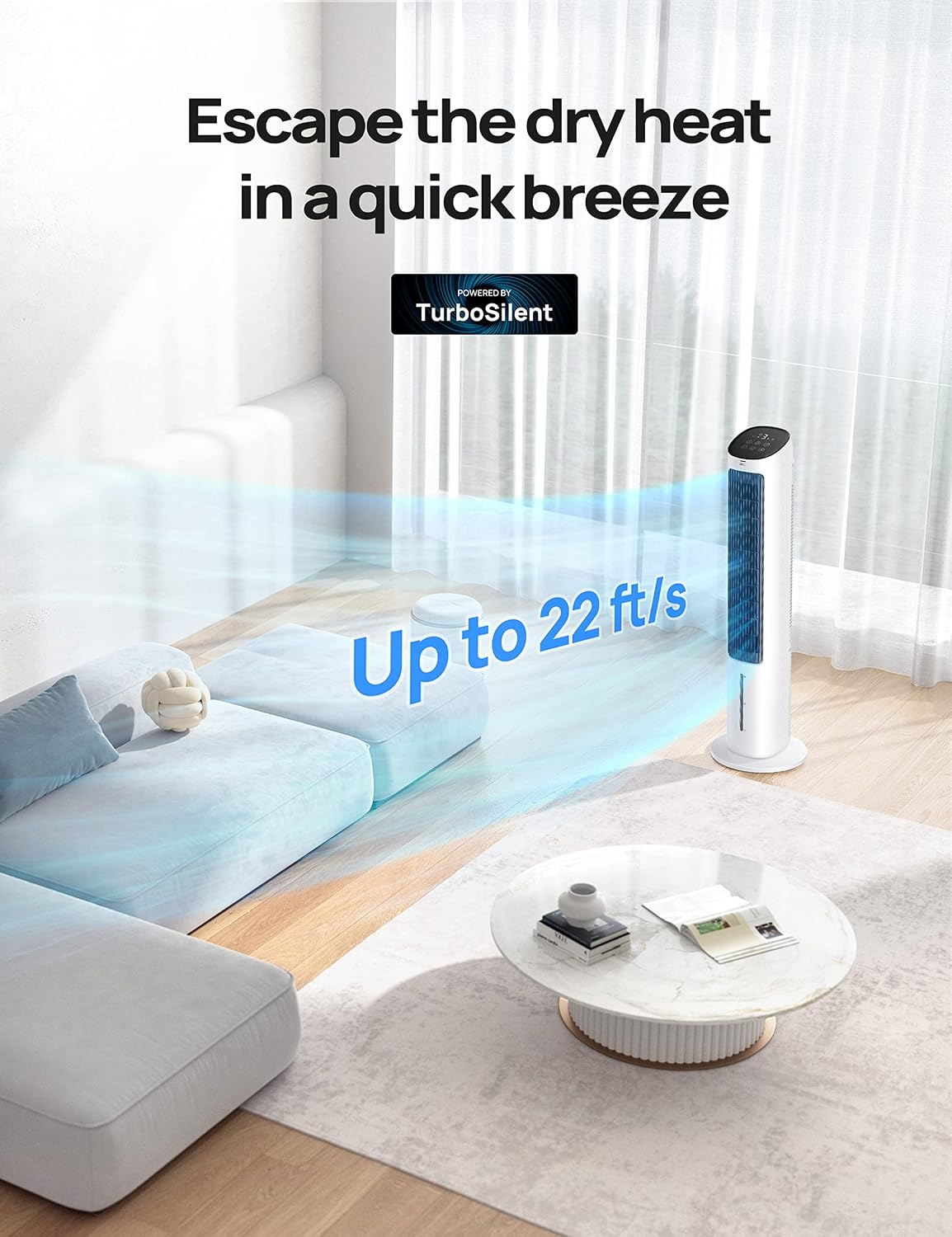 DREO Evaporative Air Cooler, 40' Cooling Fans that Blow Cold Air, 80° Oscillating, Removable Water Tank, Ice Packs, Remote Control, 4 Speeds, 7H Timer, Swamp Cooler for Bedroom, White
