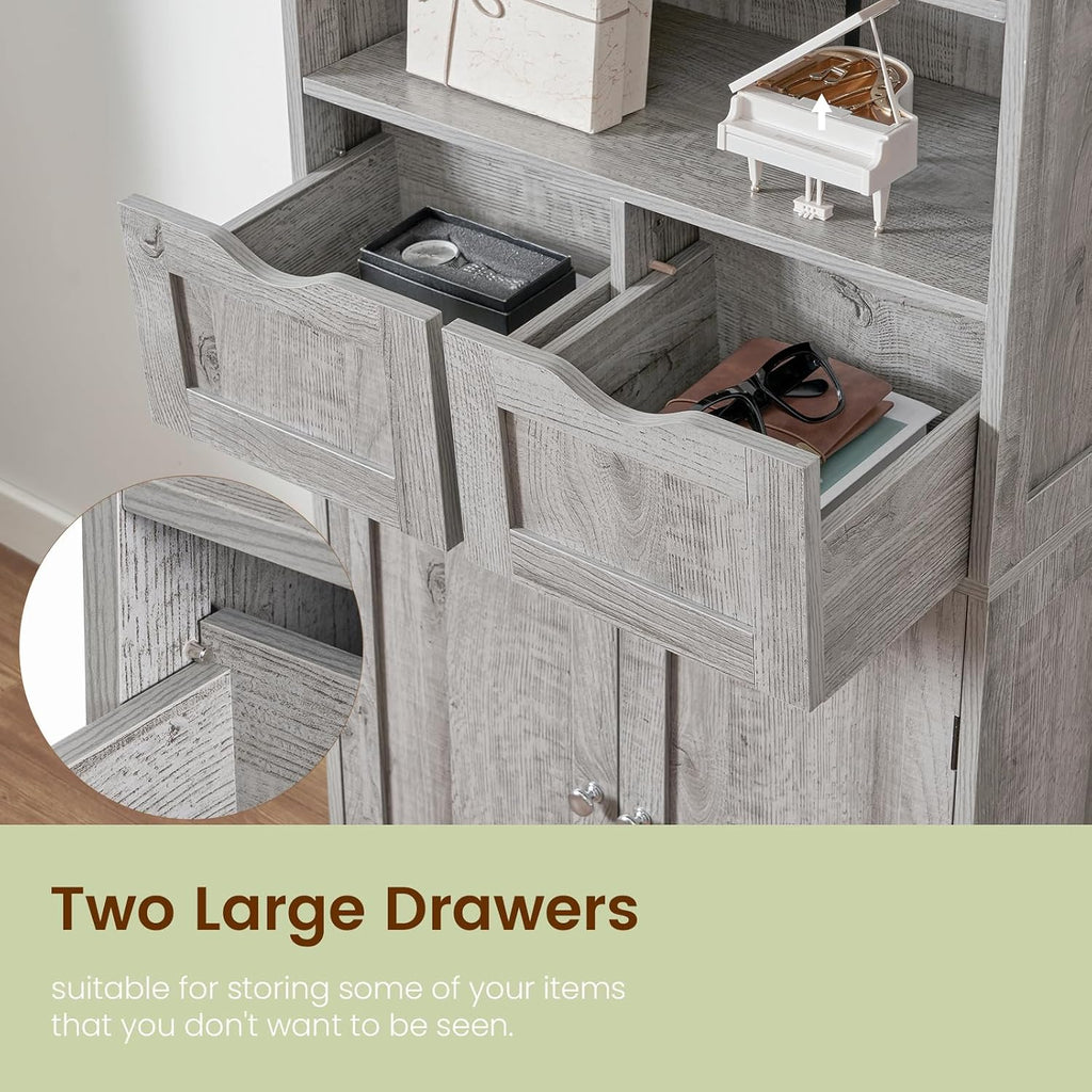 Iwell Storage Cabinet with 2 Drawers & Adjustable Shelf, Tall Bathroom Cabinet with Doors, Cupboard, Kitchen Cabinets for Living Room, Dining Room, Entryway, Grey