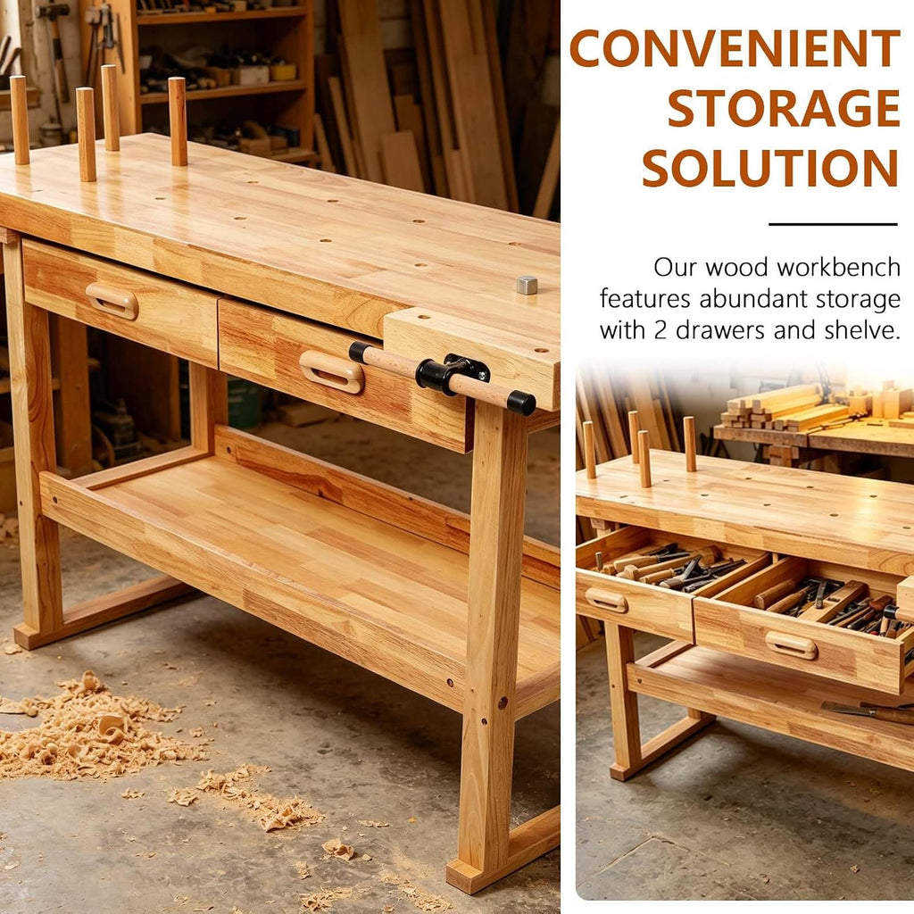 60' Rubber Wood Workbench, Heavy Duty Work Bench with Drawer & Shelf, Work Bench Table for Garage, Workshop, Home Storage, Woodworking Bench, 330 lbs Weight Capacity (60' + 2 Drawers)