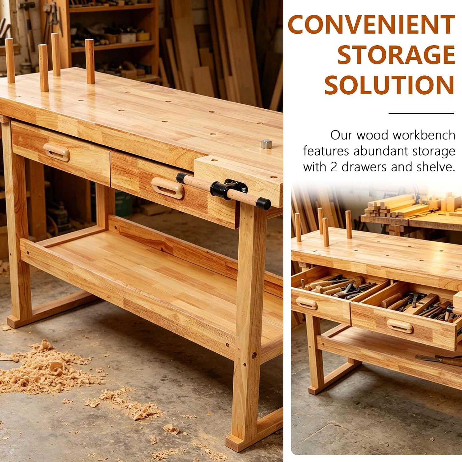 60' Rubber Wood Workbench, Heavy Duty Work Bench with Drawer & Shelf, Work Bench Table for Garage, Workshop, Home Storage, Woodworking Bench, 330 lbs Weight Capacity (60' + 2 Drawers)