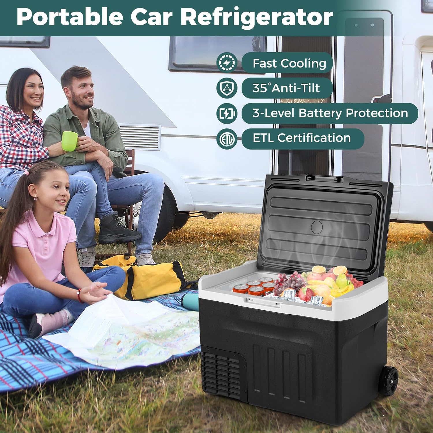 COSTWAY Portable Car Refrigerator, 32-quart Car Fridge with Adjustable Range -4℉~68℉, 12/24V DC 100-240V AC Electric Cooler Freezer with Divider for Camping, RV, Travel, Fishing, Home, Black