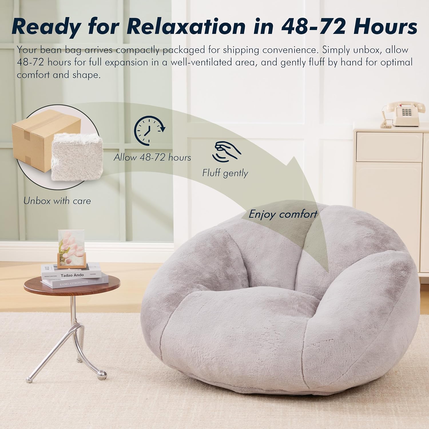3.28 Feet Bean Bag Chair for Adults, Shell-Shaped Bean Bag Lazy Couch, Faux Fur Cloud Sofa Chair, Lounge Floor Sofa with Filler for Reading, Gaming & Watching, No Assembly Required (Light Grey)