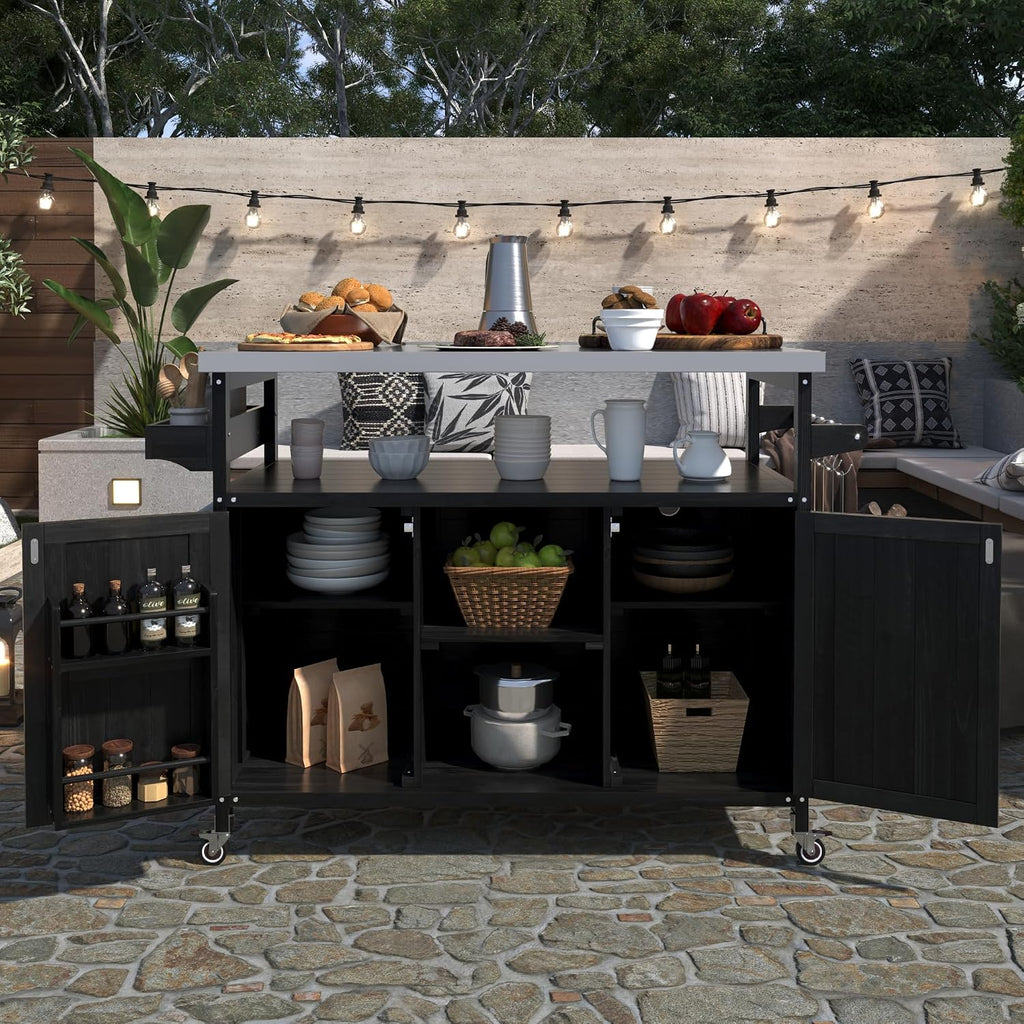 Outdoor Grill Cart with Storage, Farmhouse Outdoor Storage Cabinet with Stainless Steel Top, Wood Bar Patio Kitchen Island with Spice Rack, Towel Holder, Hooks & Locking Wheels for Patio BBQ(Black)