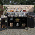 Outdoor Grill Cart with Storage, Farmhouse Outdoor Storage Cabinet with Stainless Steel Top, Wood Bar Patio Kitchen Island with Spice Rack, Towel Holder, Hooks & Locking Wheels for Patio BBQ(Black)