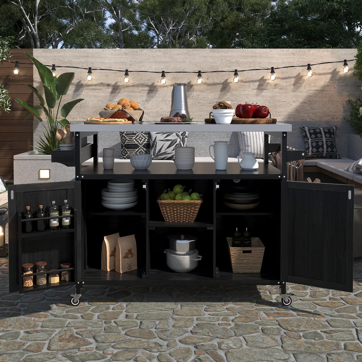 Outdoor Grill Cart with Storage, Farmhouse Outdoor Storage Cabinet with Stainless Steel Top, Wood Bar Patio Kitchen Island with Spice Rack, Towel Holder, Hooks & Locking Wheels for Patio BBQ(Black)