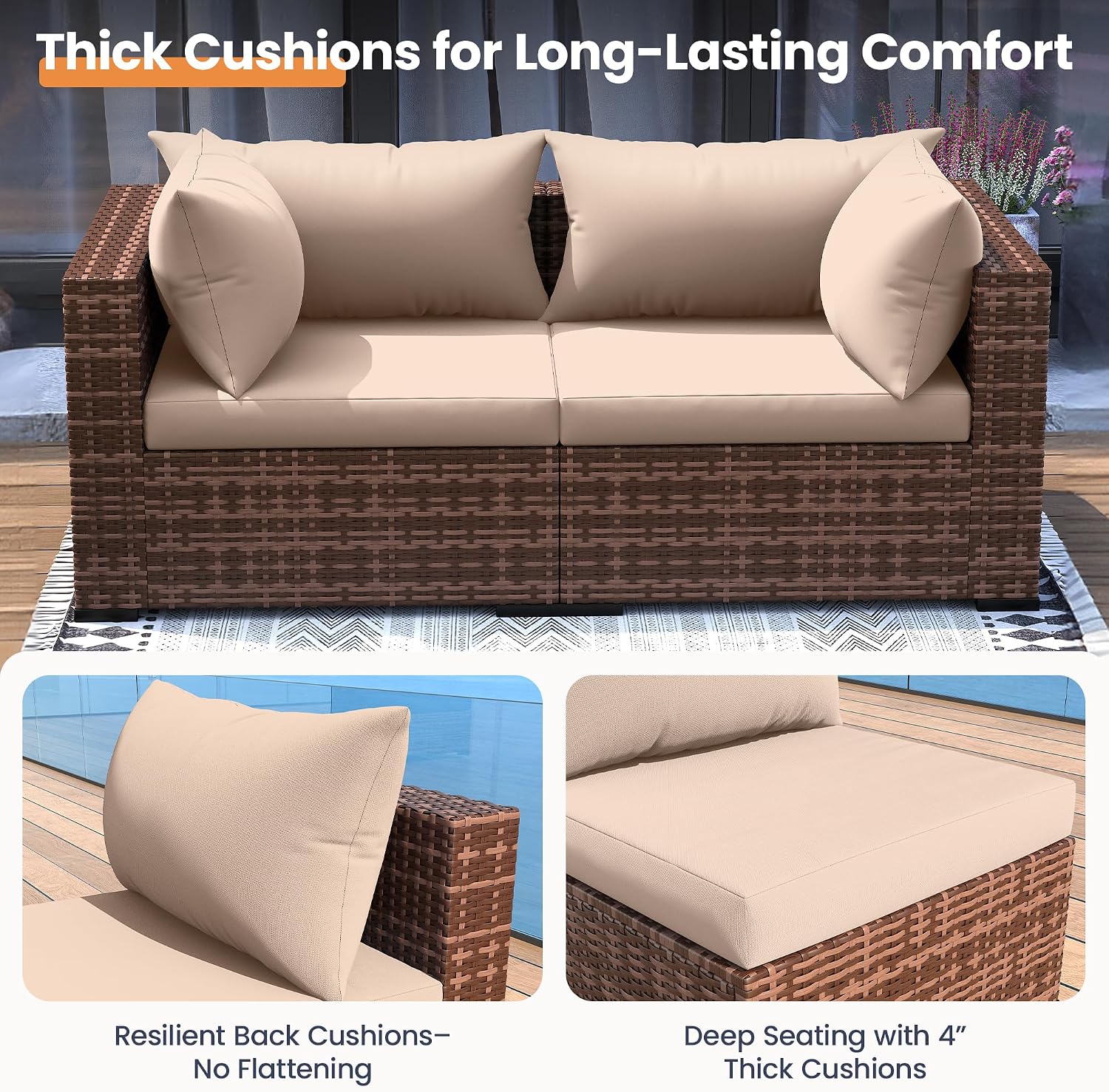 UDPATIO Patio Furniture Set with Fire Pit Table, 5 Piece Outdoor Sectional Sofas, All-Weather Wicker Conversation for Garden, Backyard, Khaki