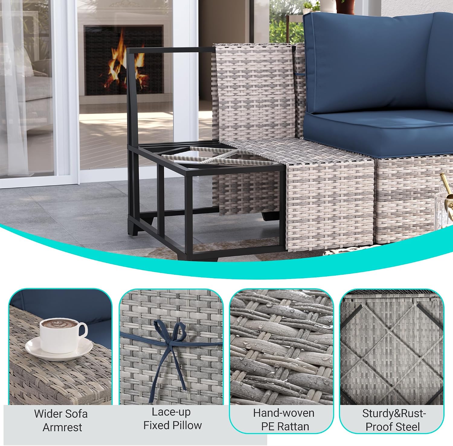 7PCS Outdoor Patio Furniture Set with 55,000 BTU Fire Pit Table, PE Wicker Rattan Sectional Sofa Patio Conversation Set with Thickened Cushions & Coffee Table for Garden, Navy Blue