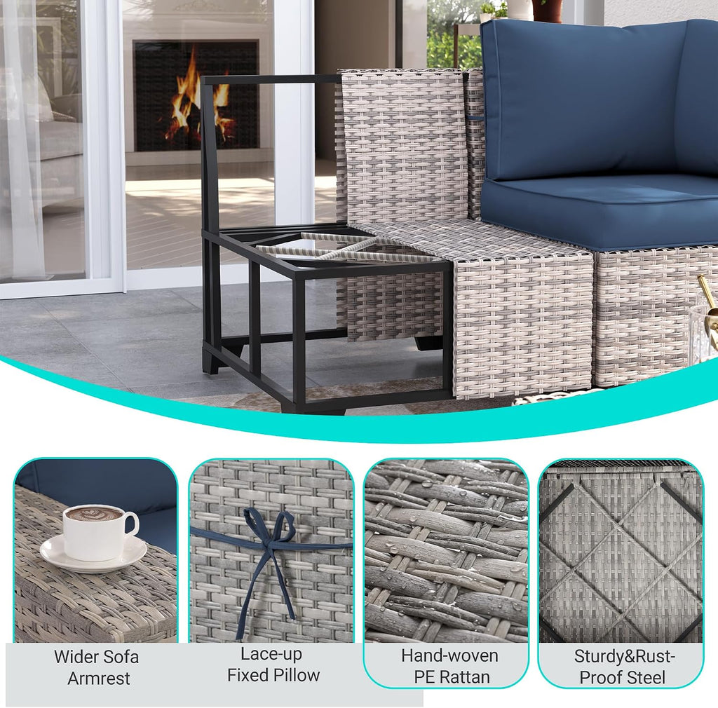 12-Piece Outdoor Patio Furniture Set Wicker Sectional Sofa Set, Patio Conversation Set with Thickened Cushions & Coffee Table for Garden, Backyard, Poolside, Navy Blue