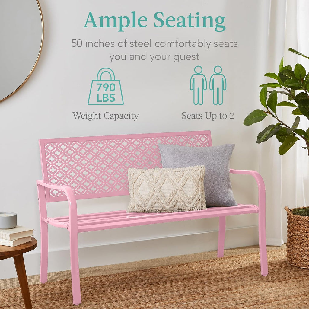 Best Choice Products Outdoor Bench 2-Person Metal Steel Benches Furniture for Garden, Patio, Porch, Entryway w/Geometric Backrest, 790lb Capacity - Pink