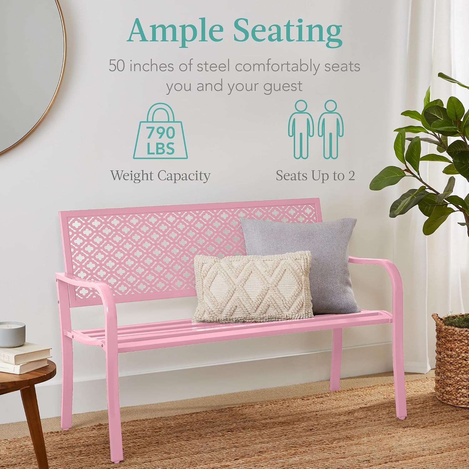 Best Choice Products Outdoor Bench 2-Person Metal Steel Benches Furniture for Garden, Patio, Porch, Entryway w/Geometric Backrest, 790lb Capacity - Pink