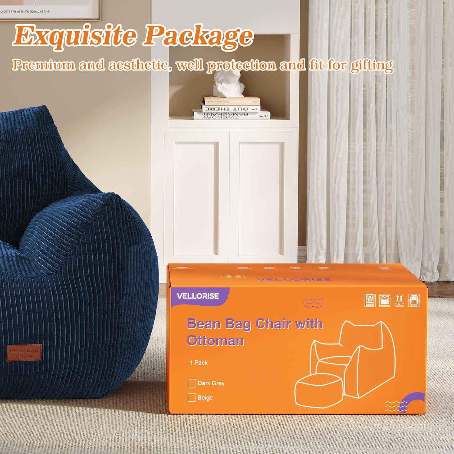 Big Bean Bag Chair for Adults, Ultra Soft Living Room Bean Bag with Armrests & Ottoman, Stuffed BeanBag Chair for Napping, Gaming, Vacuum-Compressed for Easy Gifting, 48h to Expand,Navy Blue