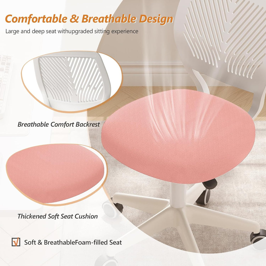 Armless Desk Chair Swivel Office Rolling Chair with Soft Padded Cushion, Height Adjustable Small Task Chair, Ergonomic Study Computer Chair for Kids Girls Boys Teens (Pink, 4PCS)