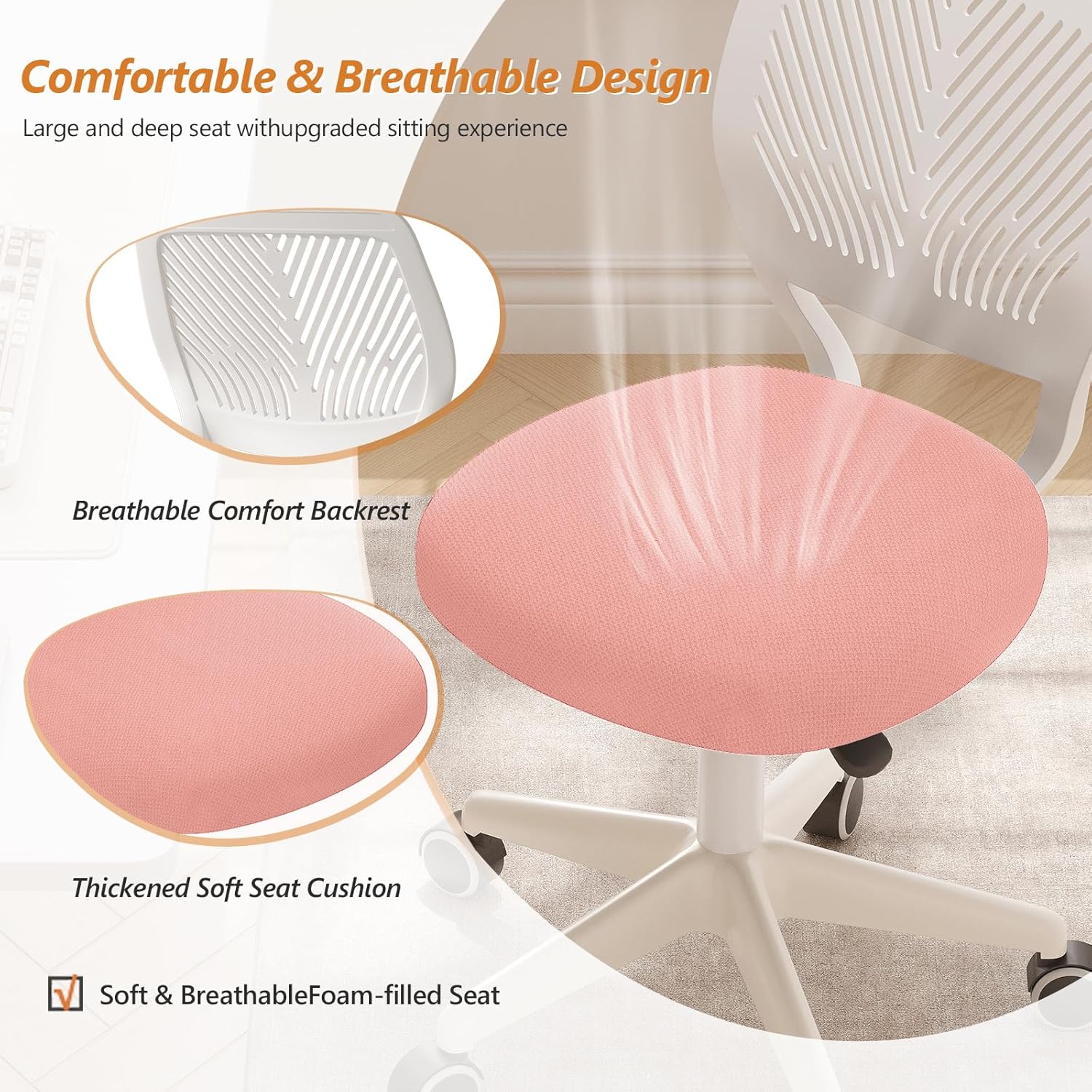 Armless Desk Chair Swivel Office Rolling Chair with Soft Padded Cushion, Height Adjustable Small Task Chair, Ergonomic Study Computer Chair for Kids Girls Boys Teens (Pink, 4PCS)