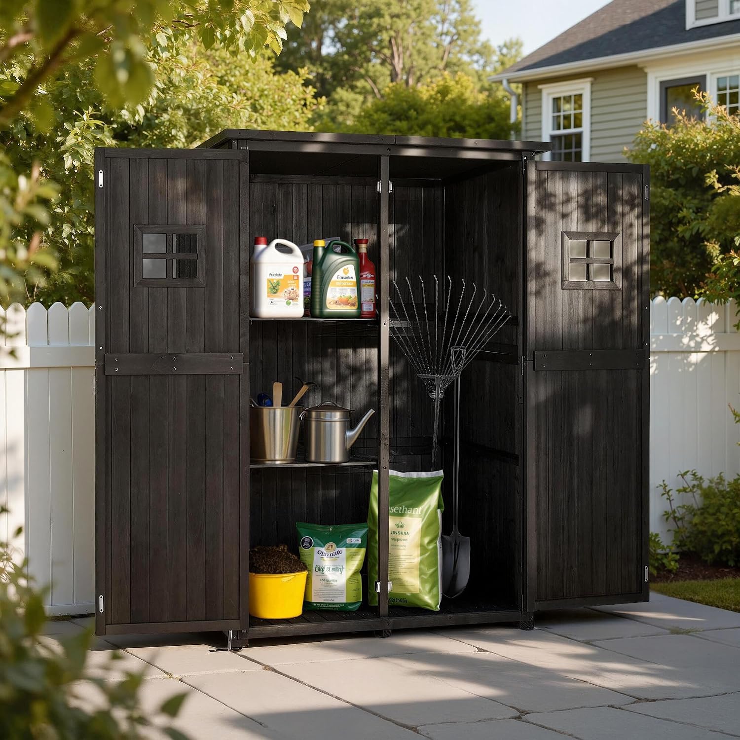MCombo Large Wooden Outdoor Storage Cabinet with 2 Shelves, Oversize Garden Storage Shed with Lock, Tool Shed for Patio Yard Lawn, 1911 (Black)