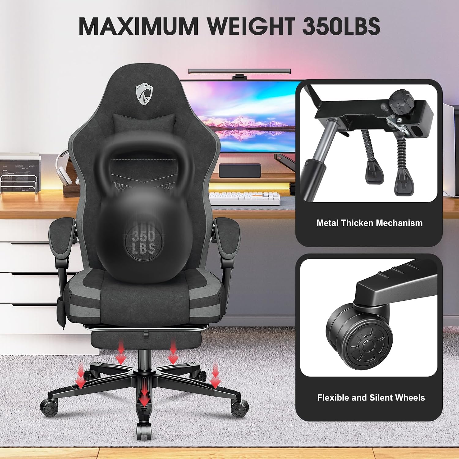 Gaming Chair, Fabric Computer Office Chair with Massage, Ergonomic Chair with Footrest Lumbar Support, Pocket Spring Widened Cushion Metal Legs 350LBS Dark Gray