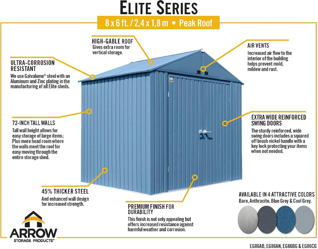 Arrow Shed Elite 8' x 6' Tall Outdoor Steel Storage Shed with High Gable and Lockable Doors Storage Building, Anthracite
