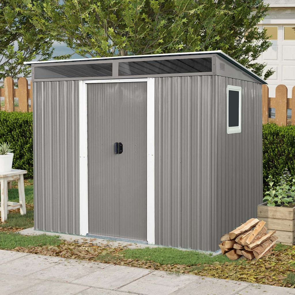 JT 8X6FT Outdoor Storage Shed, Galvanized Metal Garden Shed with Window and Metal Foundation, Tool Storage Shed for Patio Lawn Backyard (Gray-with The window-8ftx6ft)